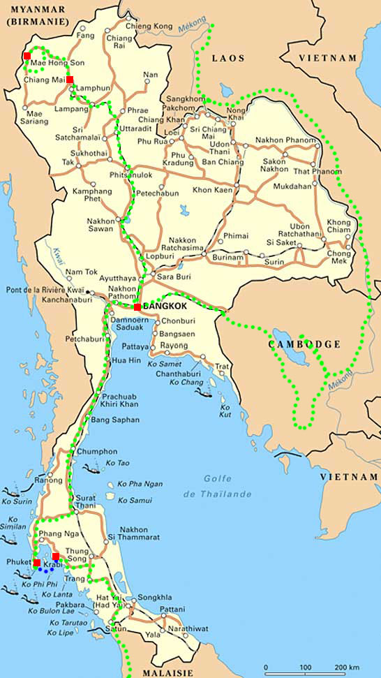 carte de notre parcours en Thaïlande